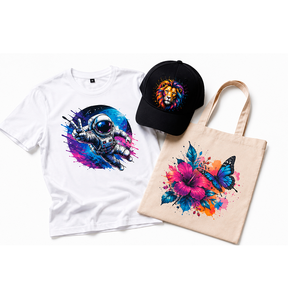 A imagem expõe a aplicação do DTF têxtil sobre uma camiseta, um boné preto e uma ecobag de algodão cru. As imagens estampas são bem coloridas.